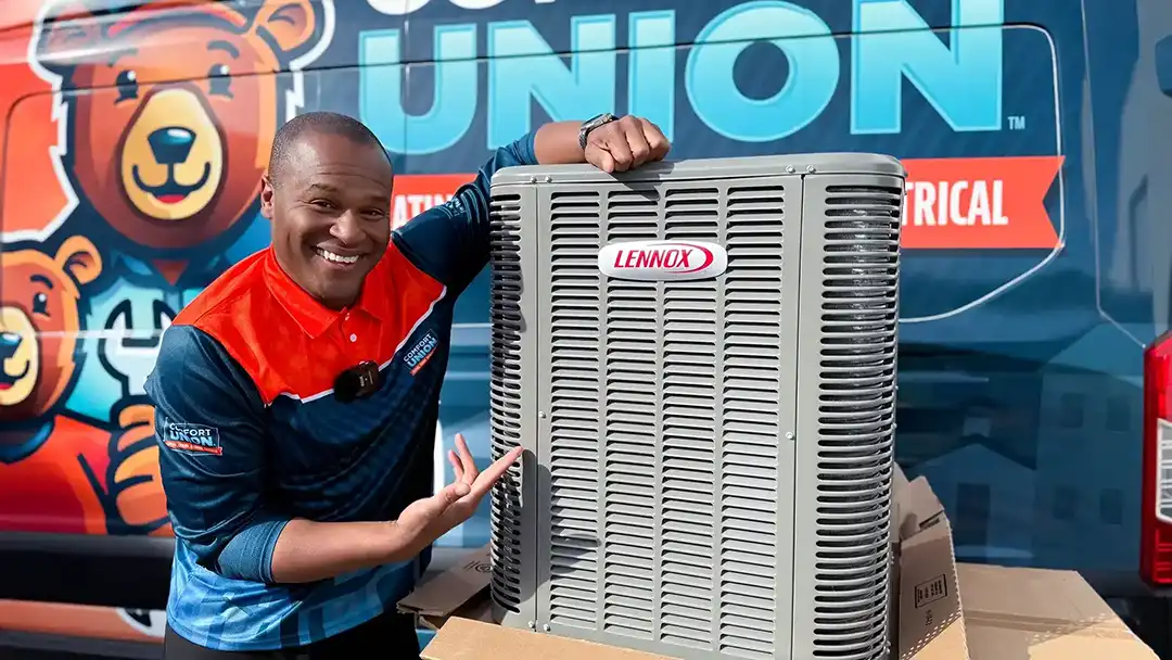 Lennox air conditioner presented by Comfort Union team promoting expert AC installation in Chestermere