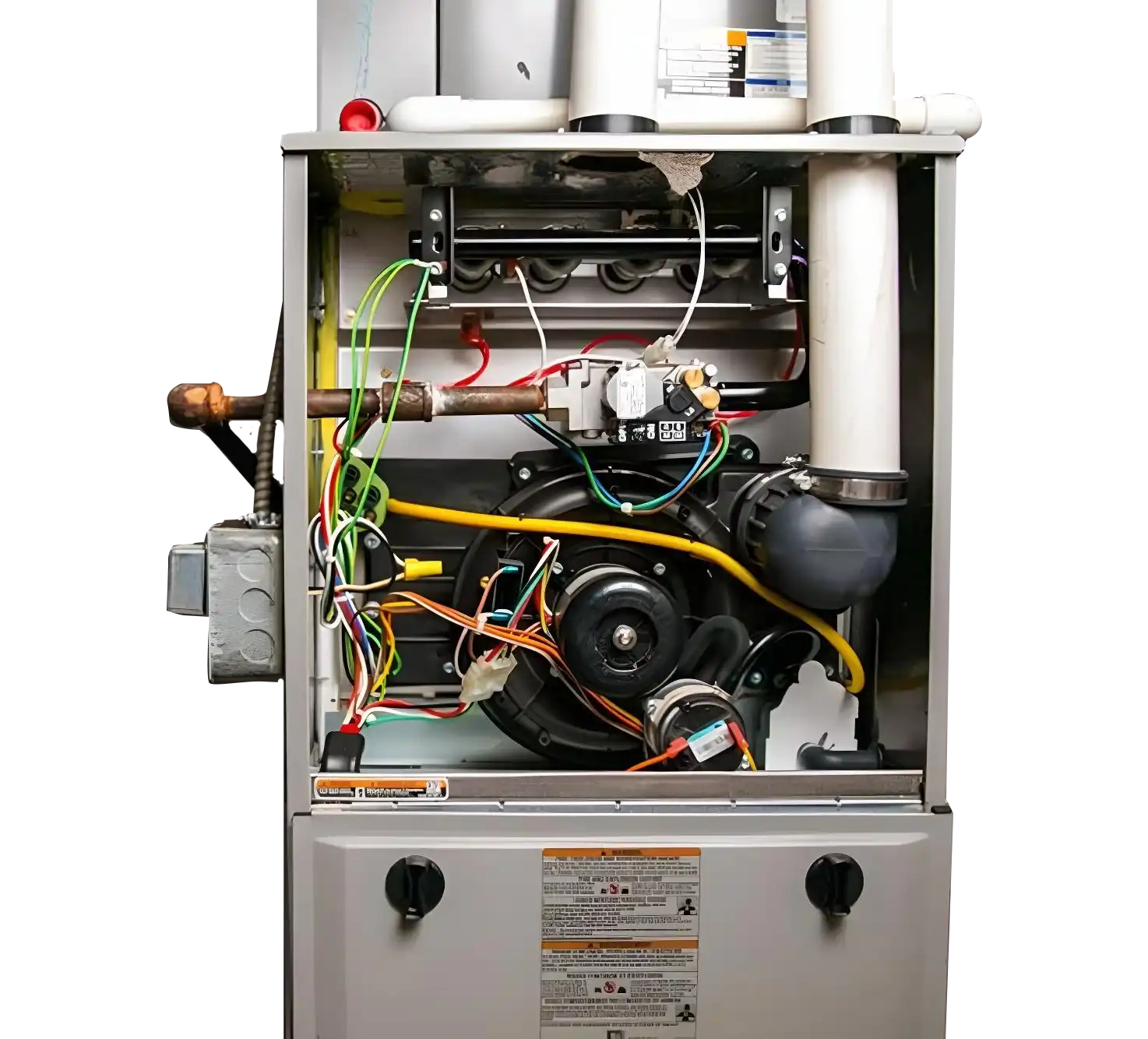 Exposed furnace interior for heating system inspection and repair by Comfort Union